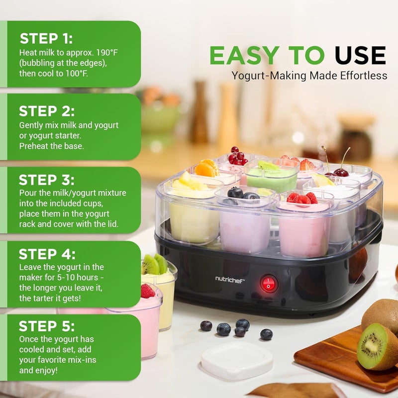 NutriChef 9 Cup Automatic Yogurt Maker | Includes 9 - 5 oz Reusable Cups with Lids & Yogurt Rack for Instant Storage | Makes up to 45 OZ of Yogurt | Greek Yogurt Maker | Space Saving design | Black - Image 4